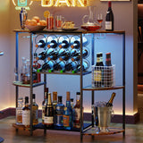 JKsmart Wine Bar Cabinet with LED Lights, Mini Wine Rack with Storage and Glass Holder, Home Mini Bar Cabinet for Liquor, 3-Tier Coffee Bar Storage for Kitchen, Dining Room, Living Room, Rustic Brown JKsmart