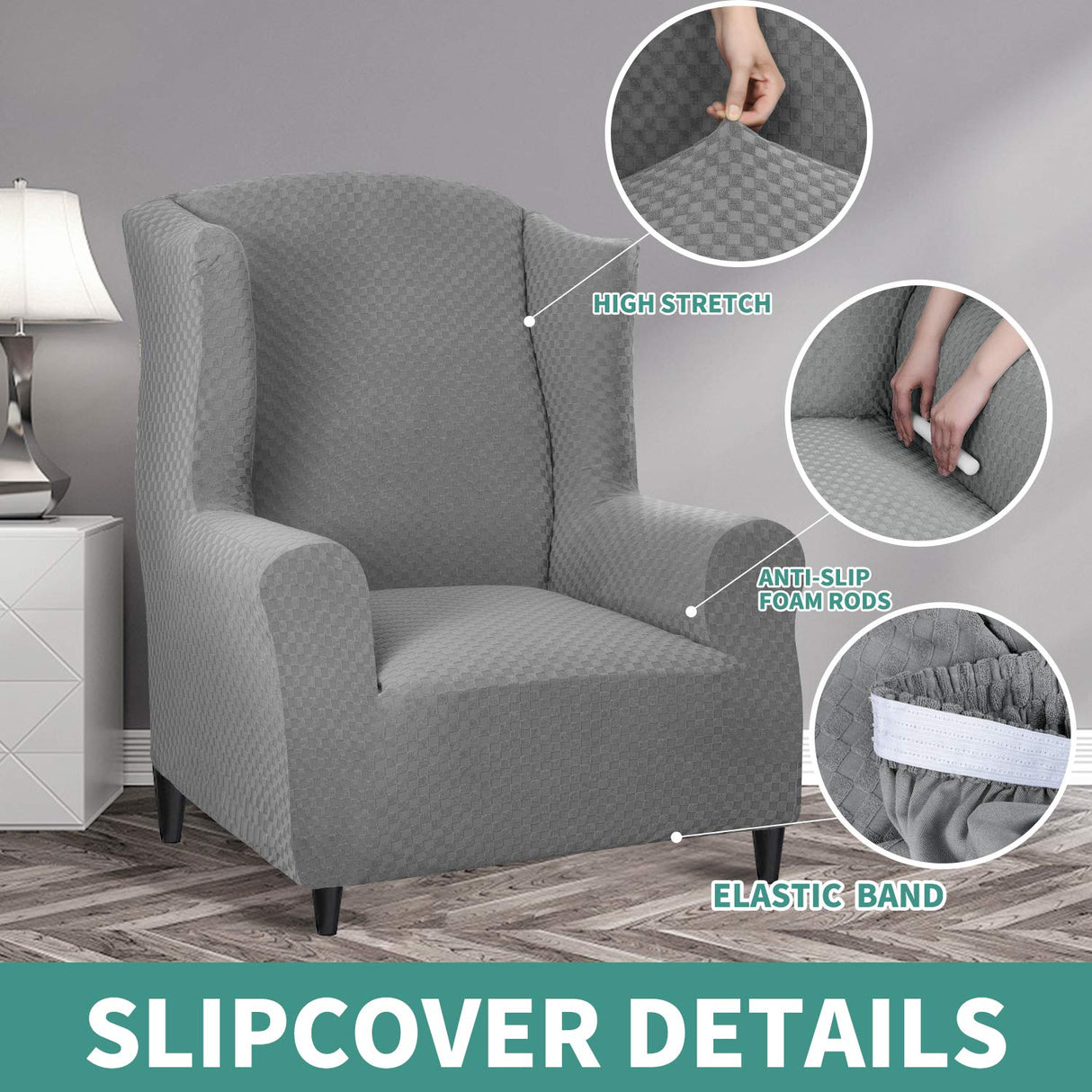 YEMYHOM 1 Piece Stretch Wingback Chair Slipcover Latest Jacquard Design Wing Chair Cover Non Slip Furniture Protector with Foam Rods for Living Room (Wing Chair, Light Gray) YEMYHOM