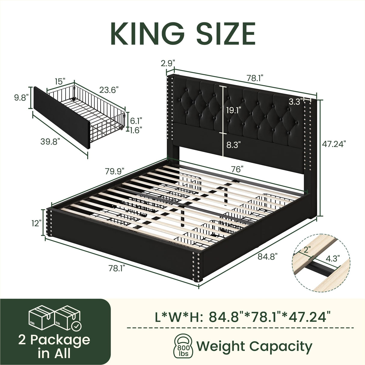 LARMACE King Size Bed Frame with Storage and Tufted Headboard Velvet Upholstered Platform Bed Frame with 4 Drawers, Wood Slats Support, Easy Assembly, Noise-Free, Black LARMACE