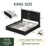 LARMACE King Size Bed Frame with Storage and Tufted Headboard Velvet Upholstered Platform Bed Frame with 4 Drawers, Wood Slats Support, Easy Assembly, Noise-Free, Black LARMACE