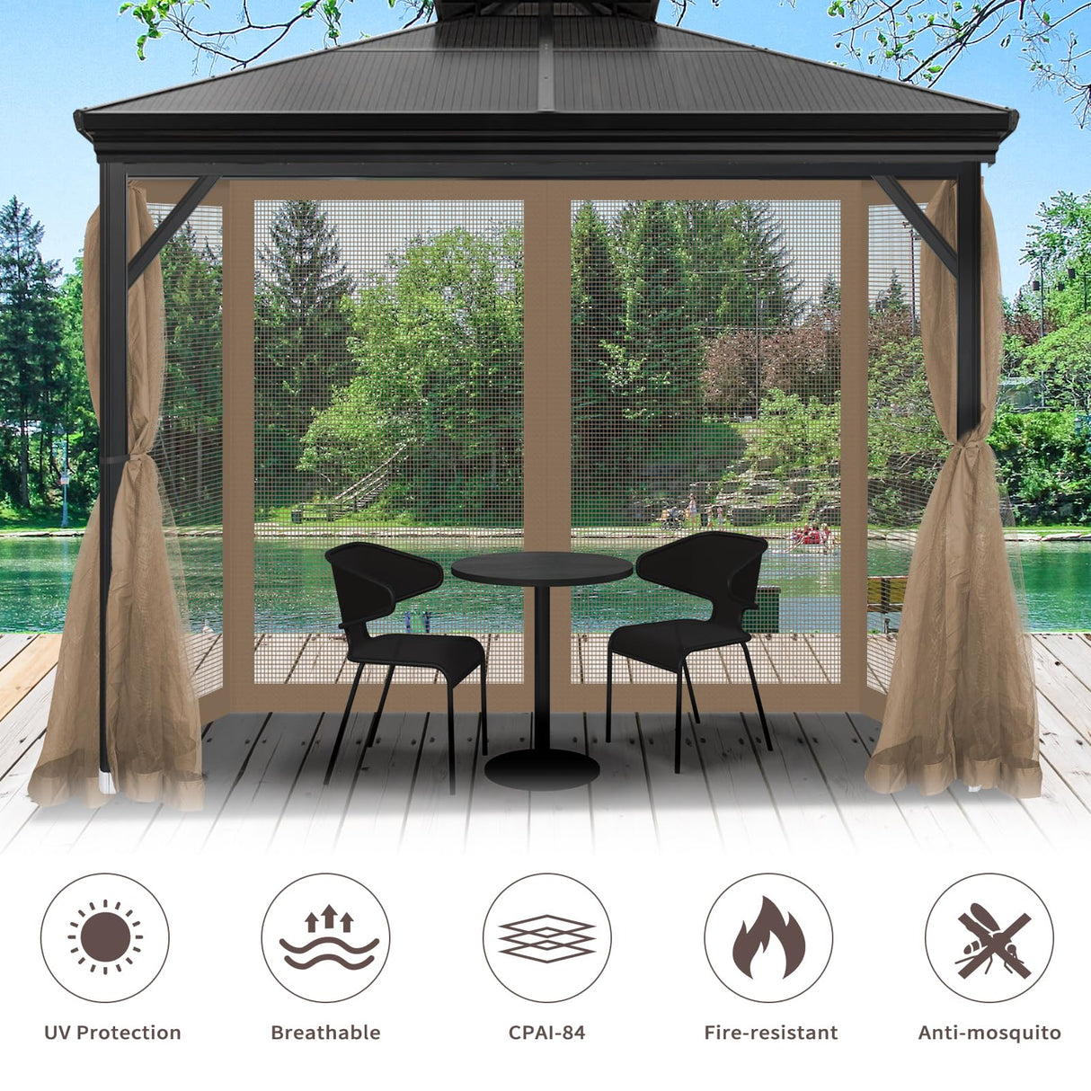 Gazebo Universal Replacement Mosquito Netting, Outdoor Canopy Net Screen 4-Panel Sidewall Gazebo Curtains, with Zippers, Easy to Install, Fit for Most Canopy, Patio, Khaki (10' X 12') WoodArtSupply