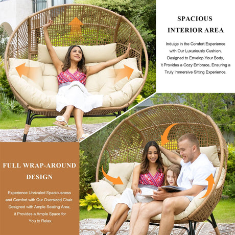 FINCATI Indoor Outdoor Double Egg Chair, 2 Person Oversized Wicker Rattan Stationary Lounge Chair with Legs, 680 lbs Loveseat Boho Egg Basket Chairs for Patio Garden Backyard Living Room Beige FINCATI