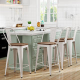 Yongqiang Metal Bar Stools Set of 4 Kitchen Island Counter Height Bar Stools High Back Farmhouse Barstools with Large Wooden Seat 24 inch Cream White Yongqiang