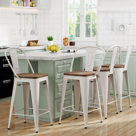 Yongqiang Metal Bar Stools Set of 4 Kitchen Island Counter Height Bar Stools High Back Farmhouse Barstools with Large Wooden Seat 24 inch Cream White Yongqiang