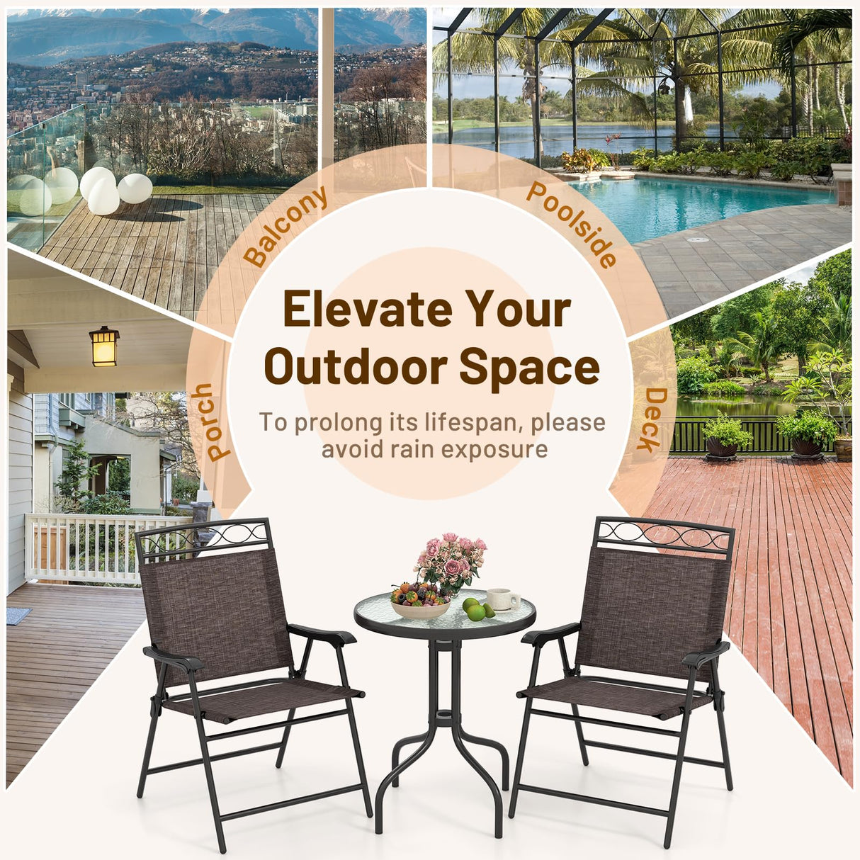 HAPPYGRILL 3 Pieces Patio Dining Set with Round Glass Table, Folding Chairs, Outdoor Chairs Table Set with Umbrella Hole for Garden Poolside Backyard HAPPYGRILL