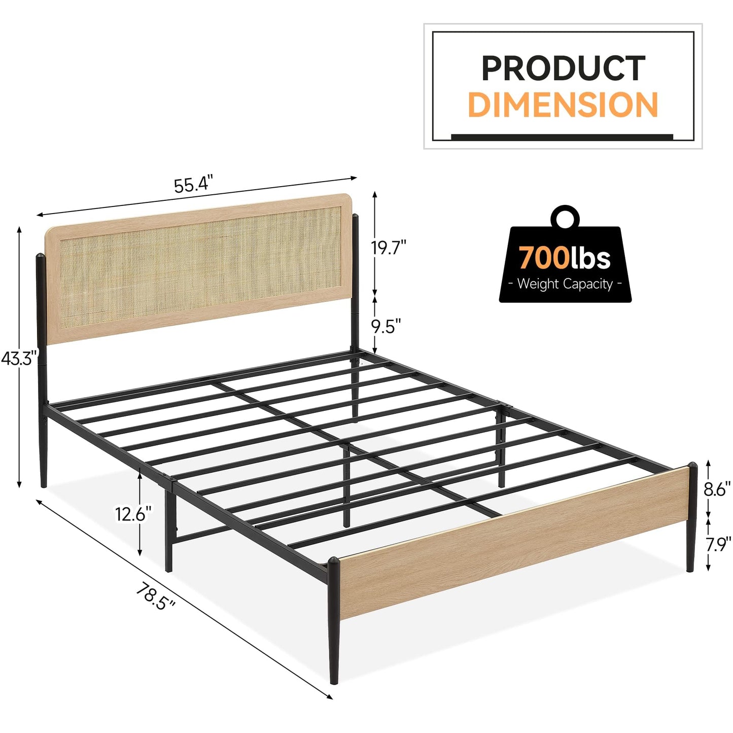 GAOMON Full Metal Bed Frame with Curved Rattan Headboard and Wooden Footboard,Modern Platform Bed Frame with Underbed Storage Space,Noiseless,No