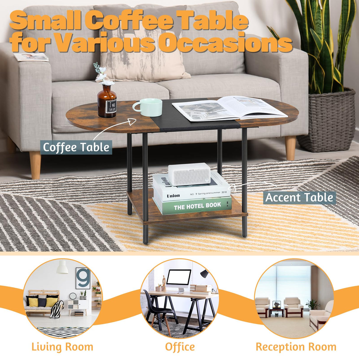 Coffee Tables for Living Room,2-Tier Small Coffee Table Farmhouse Oval Center Table with Storage Shelf and Wood Tabletop,for Small Space,Home Office,Black & Brown Shinoske