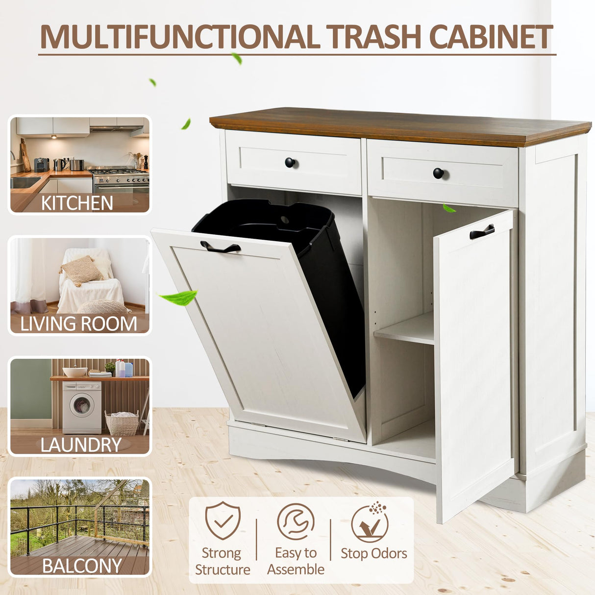 AHB 13 Gallons Tilt Out Trash Cabinet Free Standing Kitchen Trash Can Cabinet Recycling Garbage Cabinet with Hideaway Drawers, Pet Proof Trash Can Holder for Kitchen Living Room, Antique White AHB