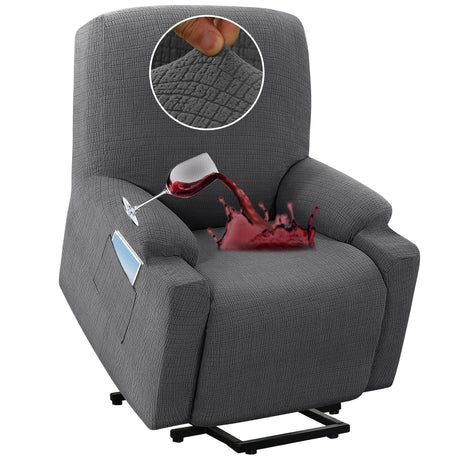 H.VERSAILTEX 100% Waterproof Recliner Chair Cover,Stretch Jacquard Couch Cover for Recliner Electric Power Lift Recliner Chair Slipcover for Elderly Fitted Standard with Side Pocket,Grey H.VERSAILTEX