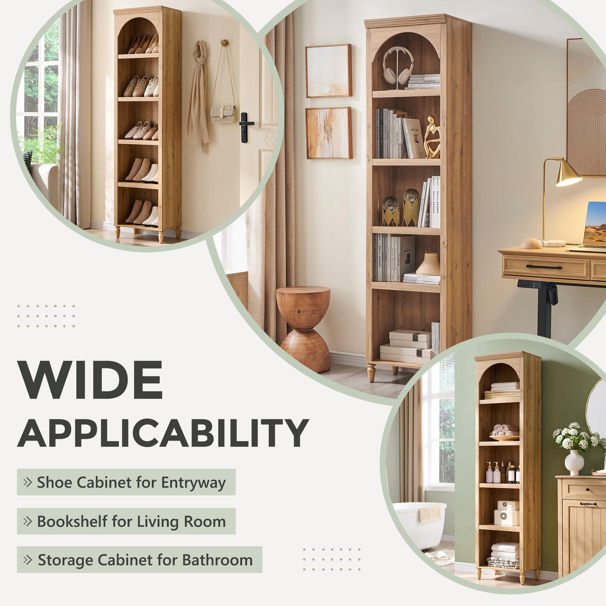 IFGET 76" Tall Arched Bookcase, Farmhouse 5 Tiers Narrow Arched Bookshelf Cabinet with Adjustable Shelves, Modern Wooden Book Shelf w/Storage and Open Display Shelves for Living Room, Office-Natural IFGET