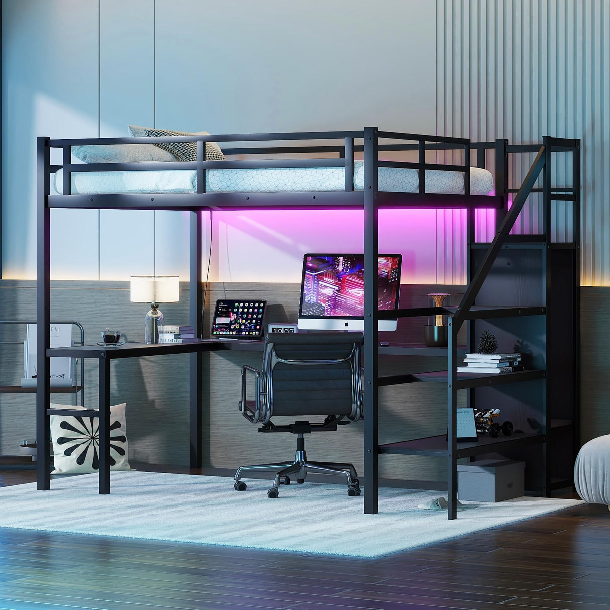 Metal Gaming Loft Bed with Stairs, Desk, RGB LED Light, Storage Wardrobe & Charging Station - Black Luckiofvonne