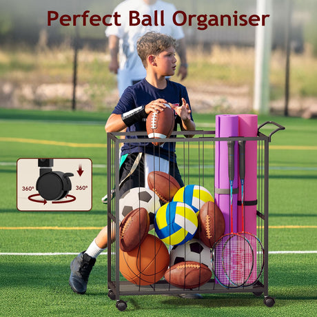 Homsorout Ball Storage Bin Rolling Sports Ball Cart, Metal Garage Organizer Sport Rack, Ball Basket Storage, Ball Cage for Garage or Gym, Indoor & Outdoor Sports Equipment Organizer Black Homsorout