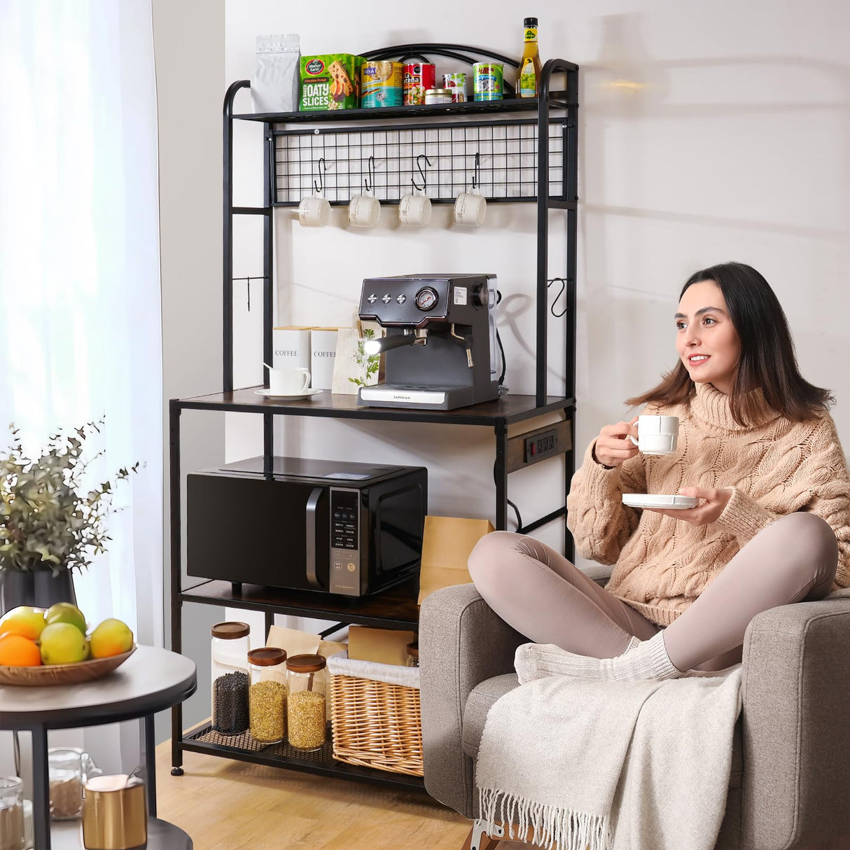 Home Limpidity Bakers Rack for Kitchen, 33-inch Wide Coffee Bar Station with Power Outlet, 5 Tier Microwave Stand Storage Shelf with S-Shaped Hooks, Metal Frame with Brown Wood Tabletop Home Limpidity