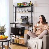 Home Limpidity Bakers Rack for Kitchen, 33-inch Wide Coffee Bar Station with Power Outlet, 5 Tier Microwave Stand Storage Shelf with S-Shaped Hooks, Metal Frame with Brown Wood Tabletop Home Limpidity