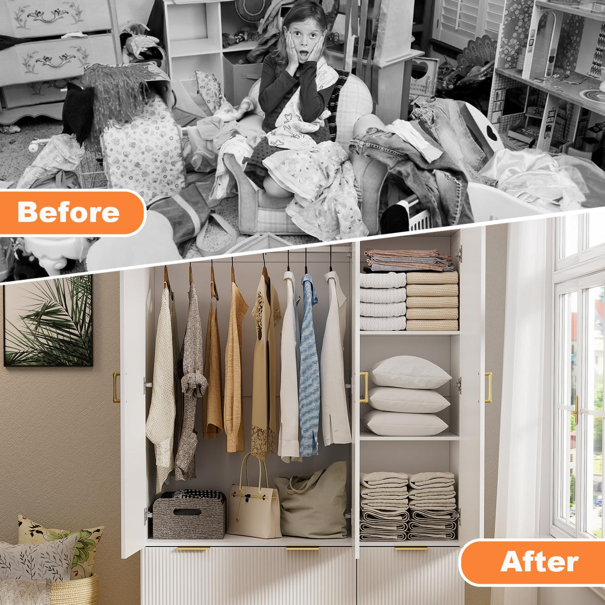 PAKASEPT Armoire Wardrobe Closet with 3 Door, Bedroom Armoires with Mirror and LED Lights, Hanging Rod, Drawers, Large Capacity Storage Wardrobe Armoire for Bedroom PAKASEPT