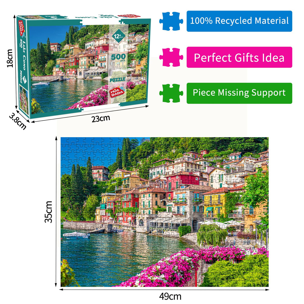 500 Piece Jigsaw Puzzle for Adults -Lake Como Scenery, Italy Jigsaw Puzzles 500 Pieces Puzzles for Adults-Finished Size 19.3" x 13.7" HUADADA