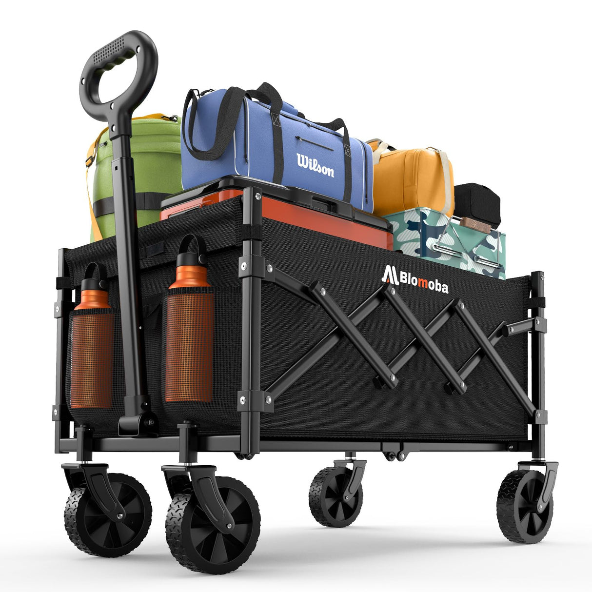 Collapsible Wagon with Wheels, 220 lbs Wagons Carts Foldable Wagon Cart with Flexible Handle, Lightweight Portable Folding Utility Grocery Shopping Cart for Grocery Sports Garden Camping Blomoba