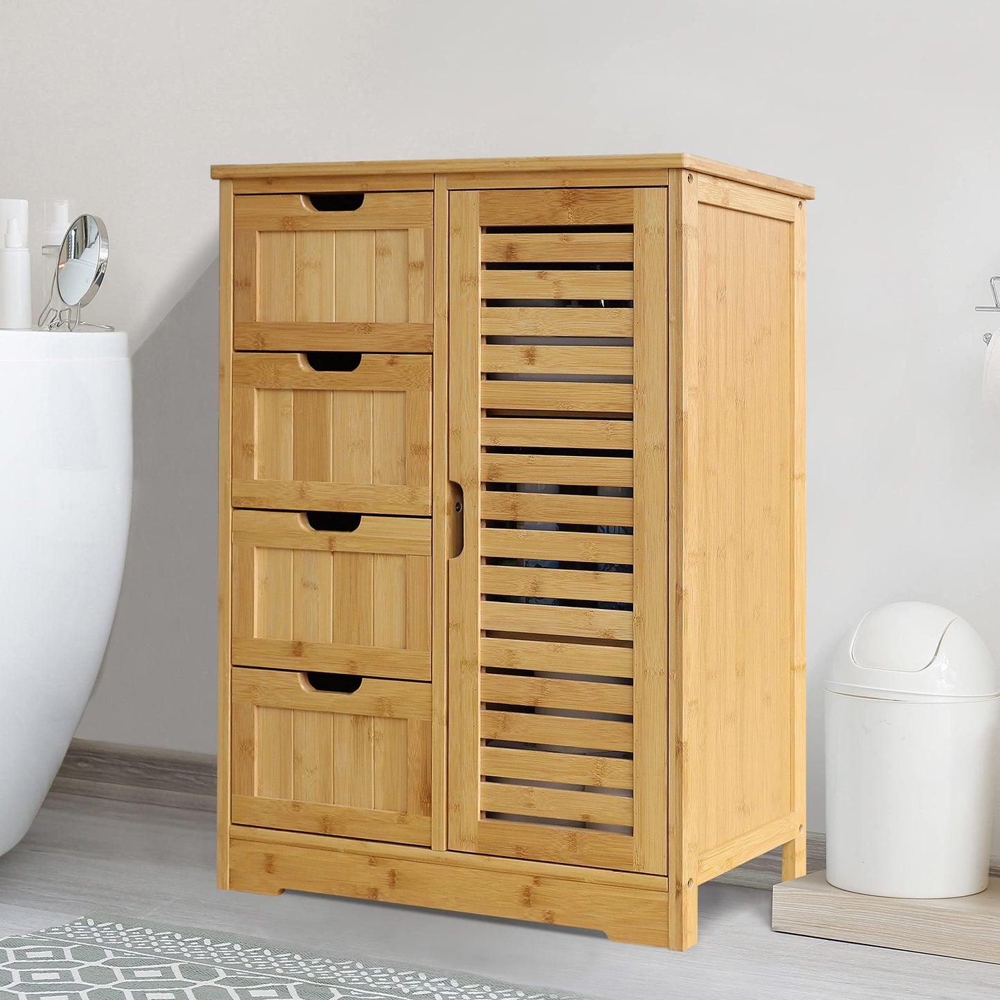 VEIKOU Bathroom Storage Cabinet with 4 Drawers, Freestanding Bamboo Cabinet with 2 Removable Shelves, Living Room Organizer Storage Cabinet, Natural - WoodArtSupply