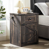 SOOWERY Nightstands Set of 2, Nightstand with Charging Station, Farmhouse End Table with Barn Door and Drawer, Rustic Wood Sofa Side Table for Bedroom, Living Room, Dark Rustic Oak SOOWERY
