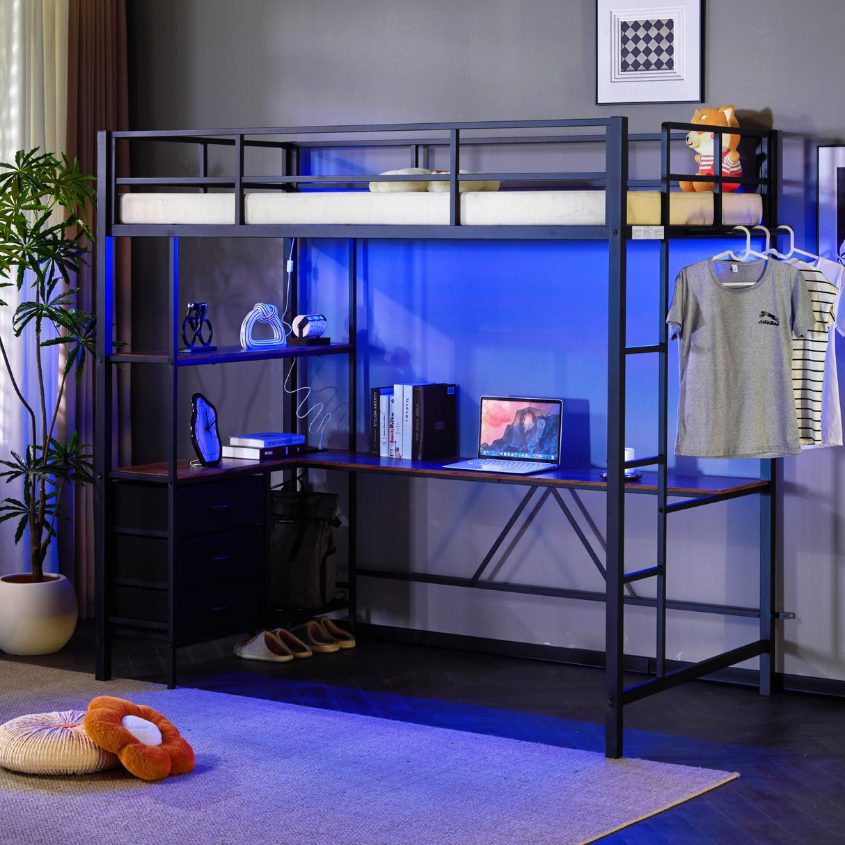 VINGLI Twin Metal Loft Bed Frame with L-Shaped Desk, Charging Station, LED Lights, Storage Shelve & Drawers, Safety Guardrail & Ladder, Bunk Bed for Kids, Teens & Adults, No Box Spring Needed, Black VINGLI