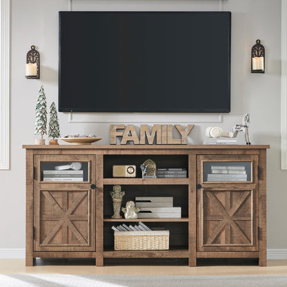 JXQTLINGMU Farmhouse TV Stand for 75 Inch TV, Entertainment Center with Storage, Modern TV Cabinet with Barn Doors, 66" Rustic TV Console for Living Room, Adjustable Shelf - Light Brown - WoodArtSupply