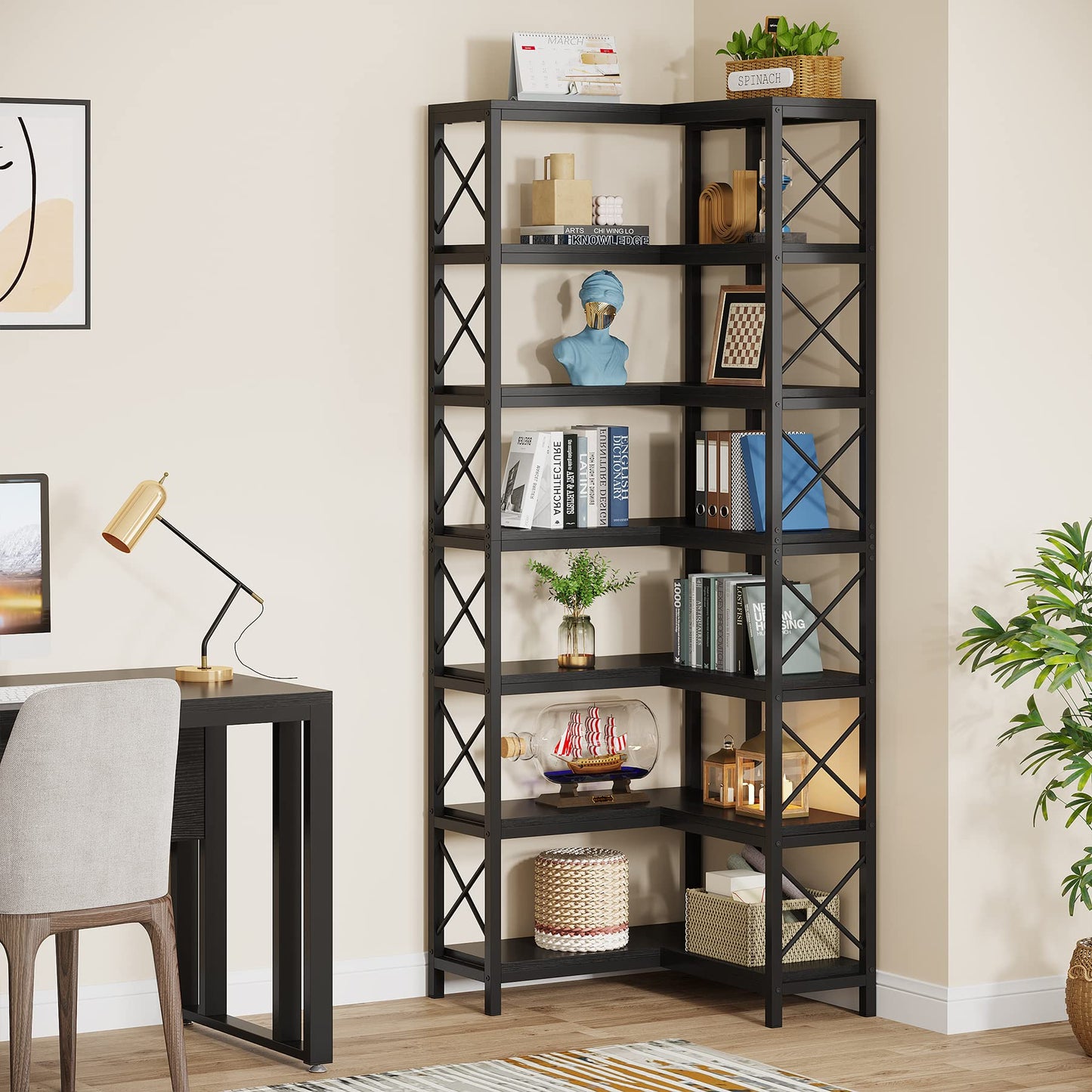 Tribesigns Modern 7-Shelf Corner Bookshelf with Metal Frame in Black - WoodArtSupply