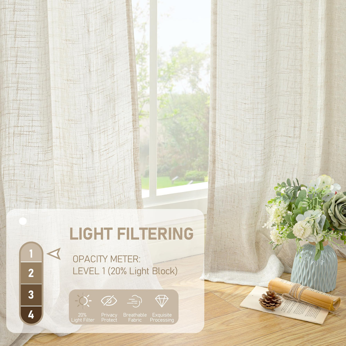 LAMIT Natural Ivory Linen Semi Sheer Curtains 84 inch Length, Cream Light Filtering Soft Thick Neutral Living Room Drapes with Bronze Grommet for Bedroom/Farmhouse, 2 Panels, 52 x 84 Inch LAMIT