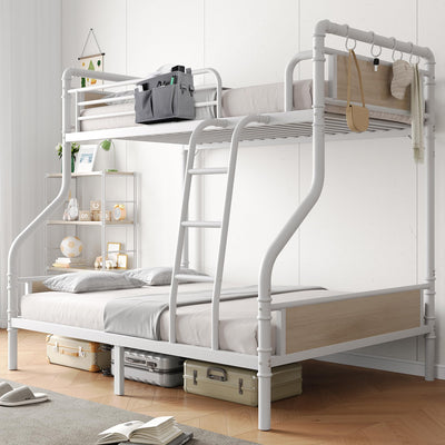 Jocoevol Bunk Bed Twin Over Full, Heavy Duty Metal Bunkbeds with Ladder and Full-Length Guardrail, Convertible into 2 Individual Beds for Kids, Teens and Adults, Under-Bed Storage Space, White