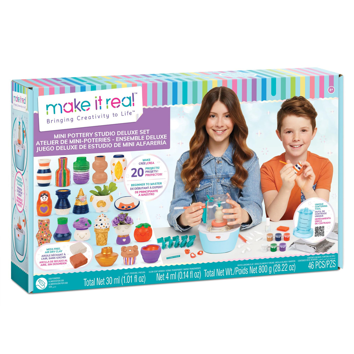 Make It Real Mini Pottery Studio Deluxe Set - DIY All-in-1 Sculpting Craft Kit for Kids & Tweens - Create 20 Unique Miniature Clay Projects - No Mess, No Bake, Quiet Wheel - All Skill Levels Ages 8 Make It Real