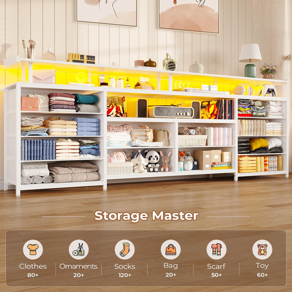 HAUOMS TV Stand Dresser for 65 Inch TV, 63" W Dresser with LED Lights & Charging Station, White Long Dresser with 12 Fabric Drawers, Entertainment Center with Shelves,for Living Room HAUOMS