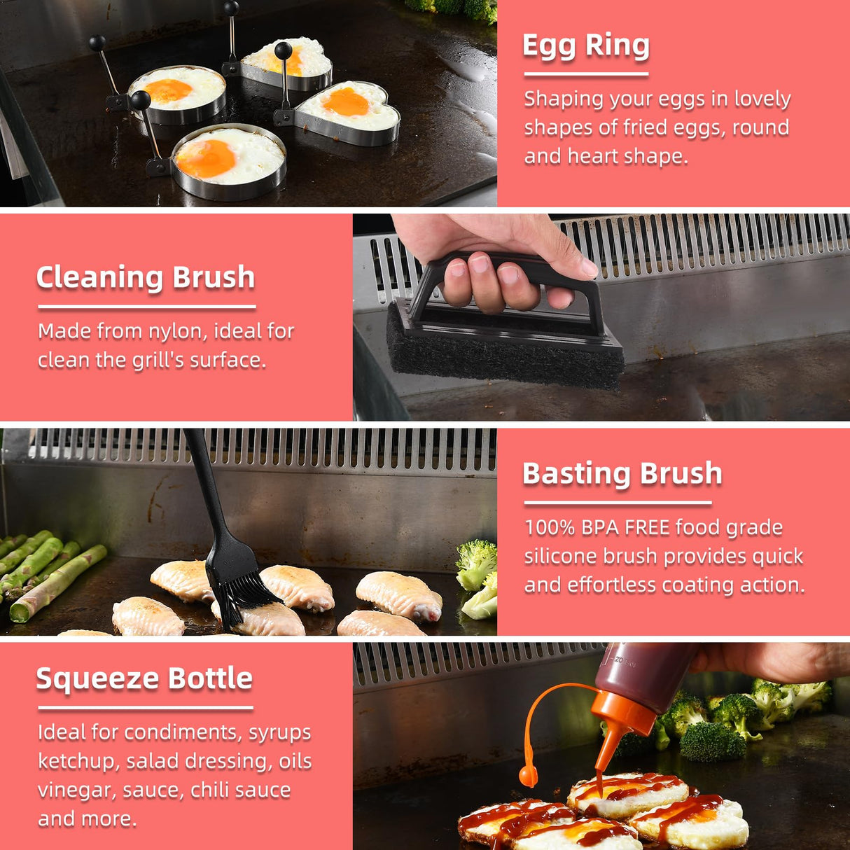 VIKEYHOME Griddle Accessories Kit, 28 Pcs Griddle Grill Tools Set, Professional Grill BBQ Spatula Set with Basting Cover, Spatula, Scraper, Bottle, Tongs, Egg Ring VIKEYHOME