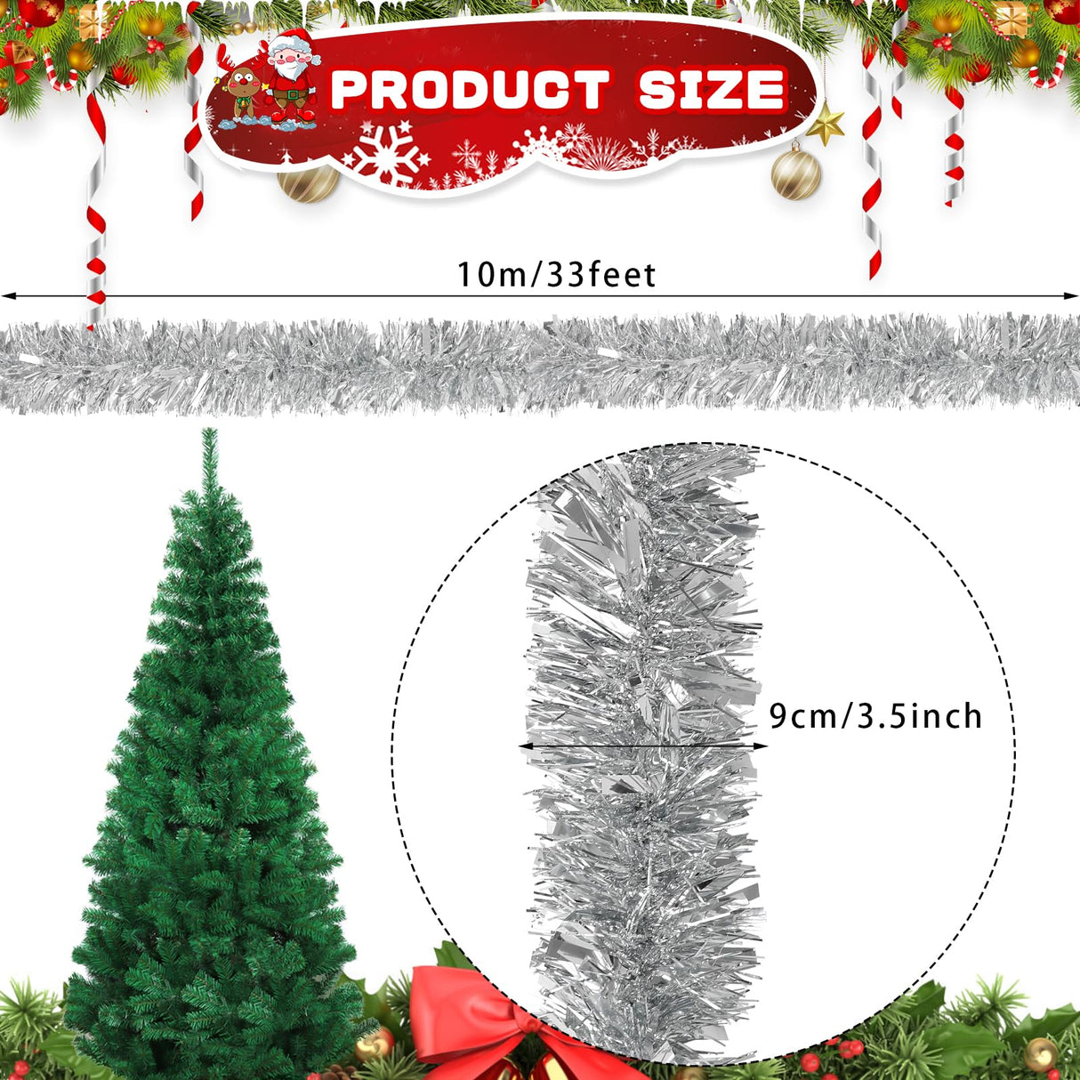 DECORA 33 Feet Silver Tinsel Garland, Christmas Metallic Hanging Tinsel Garland for Xmas Tree Home and Party Decoration CCINEE