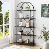 Arbuxzuy Arched Bookshelf 5 Tier Book Shelf, 31.5 Inch Width Industrial Arch Bookcase, Curved Tall Bookshelf with Open Shelves for Home Office, Living Room, Bedroom, Black Arbuxzuy