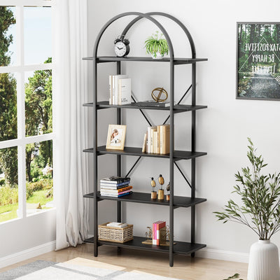 Arbuxzuy Arched Bookshelf 5 Tier Book Shelf, 31.5 Inch Width Industrial Arch Bookcase, Curved Tall Bookshelf with Open Shelves for Home Office, Living Room, Bedroom, Black