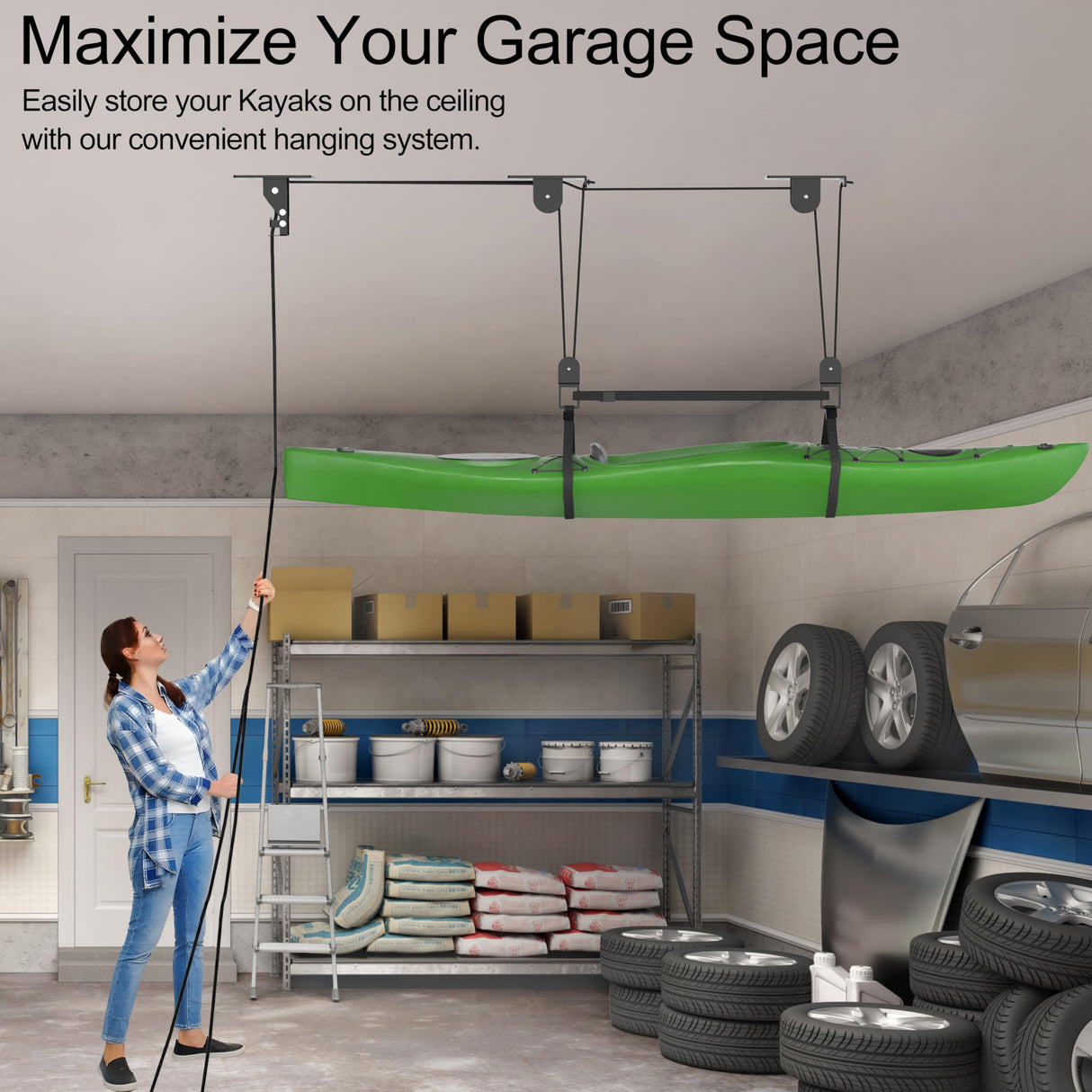 TRUSOON 2025 Upgrade Kayak Storage Hoist for Garage Ceiling, Heavy Duty Kayak Pulley System, Hold Up to 150 lbs Capacity, Canoe Garage Lift Storage System, Fit 10-14 Foot Ceilings, Black TRUSOON