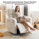 Rhevoy Oversized Power Recliner Chair, 26" Extra Wide Swivel Rocker Recliner with Adjustable Headrest, Chenille Glider Rocking Nursery Chair with Overstuffed Armrest, USB Ports, White Rhevoy
