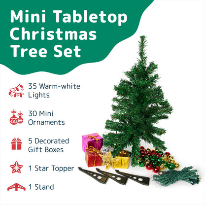 Prextex 23 Inch Tabletop Mini Christmas Tree Set with Warm-White LED Lights, Star Topper, Gift Boxes and Ornaments - Small Christmas Tree for Desk or Table - Easy Setup Christmas Decorations