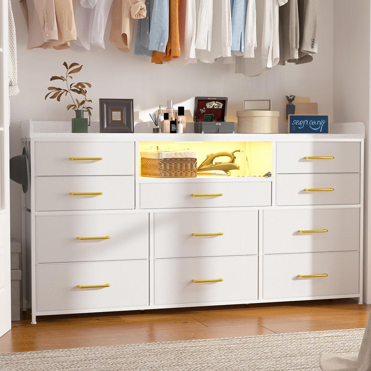 EnHomee Dresser for Bedroom with 11 Drawers for 60" TV Stand for Bedroom with LED Lights & Charging Station Long Dresser with Shelves & 4 Hooks Sturdy Metal Frame & Fabric Drawers (White) EnHomee