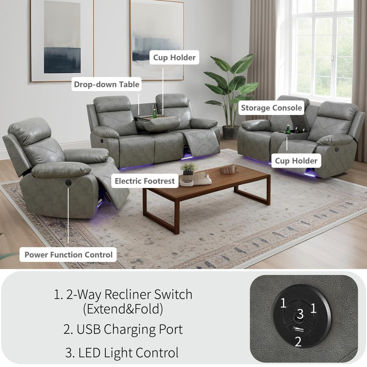 Air Leather Power Recliner Sofa Set with LED, Reclining Living Room Furniture Sets, Power Recliner Couch Set with USB Ports for House/Home Theater (Grey, Sofa+Loveseat+Chair) AYCP Furniture
