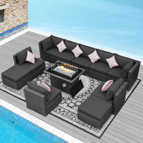 NICESOUL 11 Piece Outdoor Furniture Set with Firepit, Luxury Big 10-Person Patio Sectional, Chill 29.3'' High-Back Backyard Seating Area, All-Weather Rattan Couch Set for Outside, Deck, Dark Grey NICESOUL
