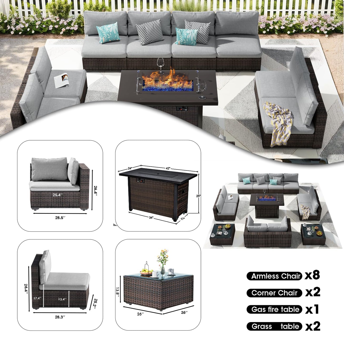 Outdoor Patio Furniture Set with Fire Pit Table, 13 Pieces Outdoor Furniture Set Patio Sectional Sofa w/42in Propane Fire Pit, PE Wicker Rattan Patio Conversation Sets - Grey