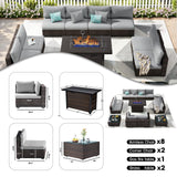 Outdoor Patio Furniture Set with Fire Pit Table, 13 Pieces Outdoor Furniture Set Patio Sectional Sofa w/42in Propane Fire Pit, PE Wicker Rattan Patio Conversation Sets - Grey Grezone