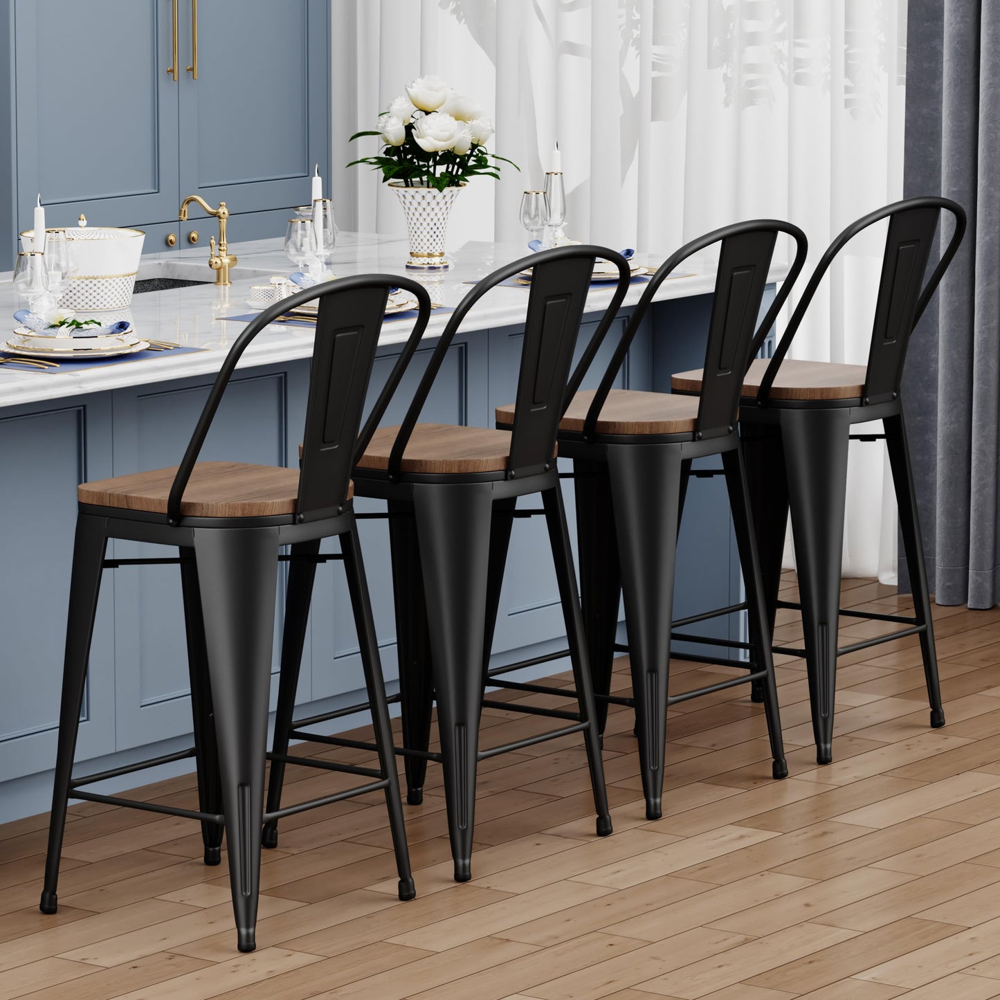 Yongqiang Barstools Set of 4 Counter Height Bar Stools for Kitchen Island Farmhouse Metal High Back Bar Chairs Wooden Seat 24" Matte Black