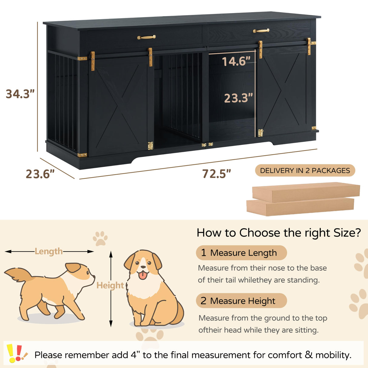 Extra Large Furniture Style Double Dog Crates, 72.5" Farmhouse Wooden Dog Kennel Furniture with Drawers, Divider, Water Resistant & Barn Door for 2 Dogs, Black EDYO LIVING