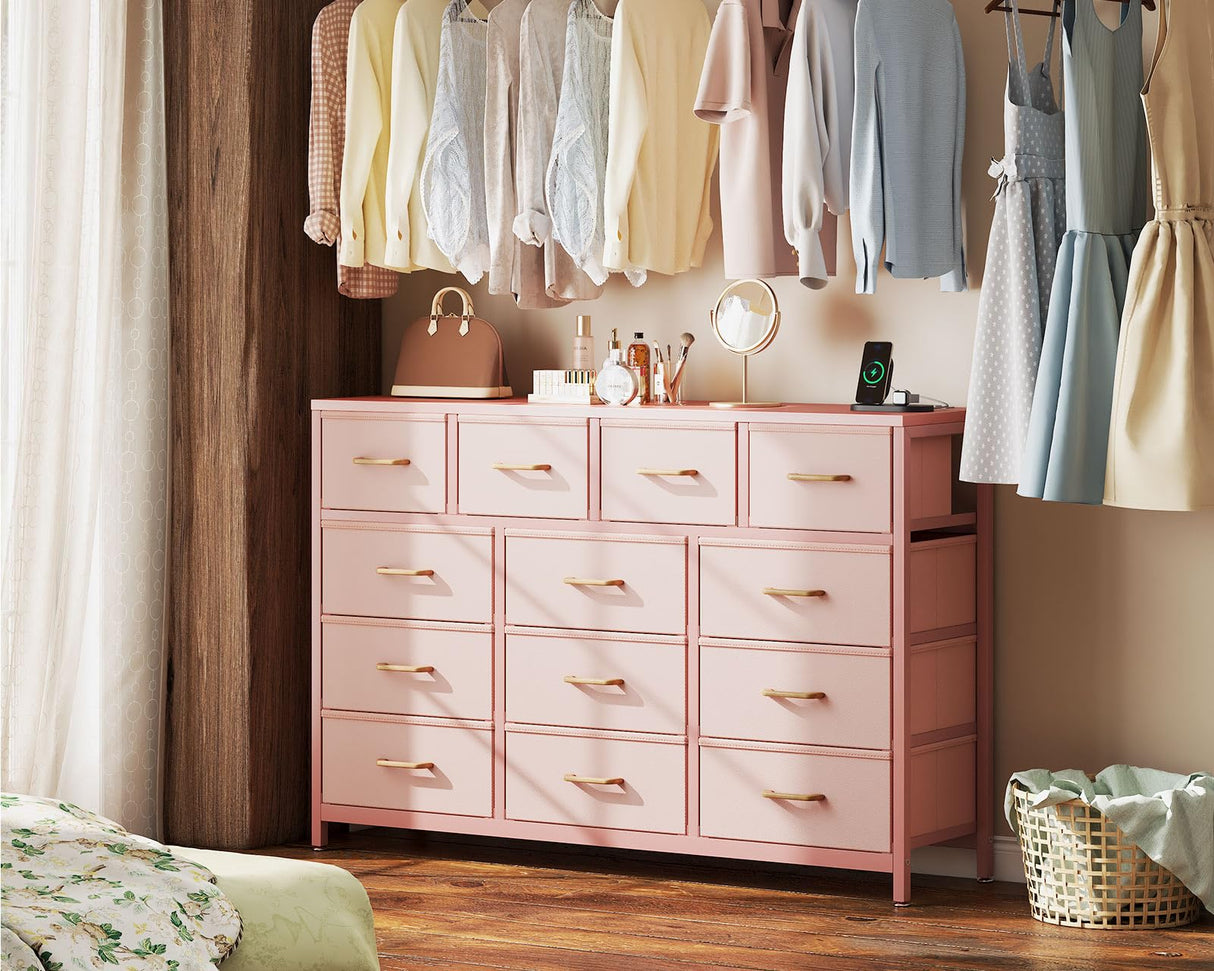 Casaottima Dresser for Bedroom with Charging Station, 55" Long Dresser with 13 Storage Drawers, Large Fabric Dressers Chests of Drawers with Shelves, Pink Casaottima