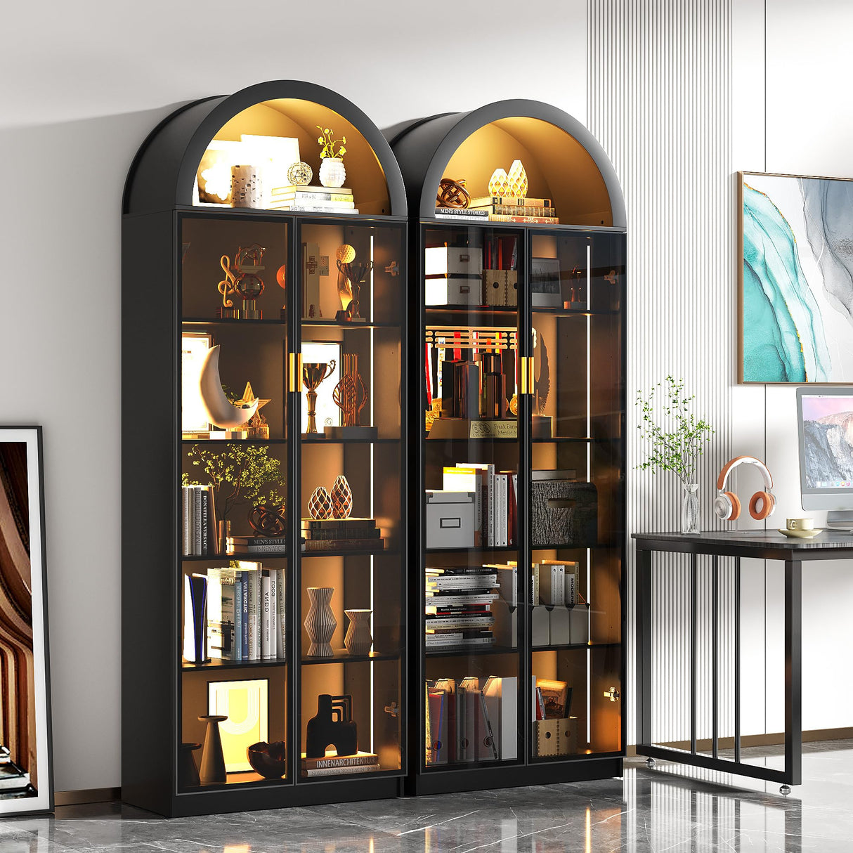 Dystler Arch Display Cabinet with Doors and Adjustable Shelves, 76" Tall Curio Cabinet with LED Lights/Storage Space, 6 Tier Display Case Bookcase for Collectibles Bedroom Living Room Office, Black Dystler