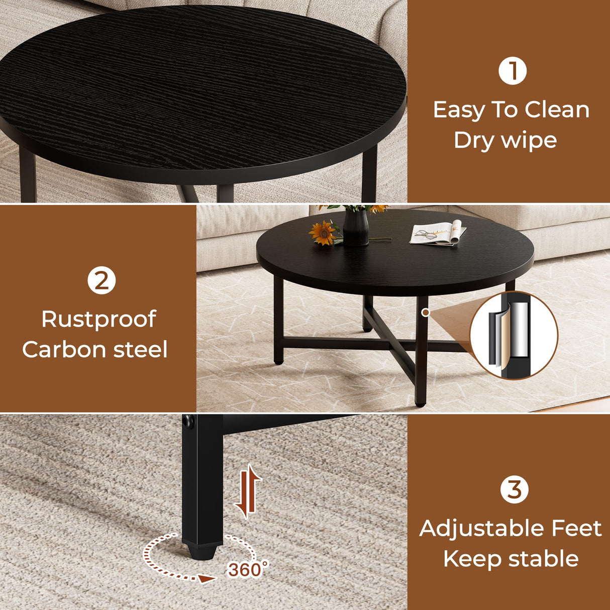 FURMORENE Coffee Table, 31.5" Large Coffee Tables, Black Round Coffee Tables for Living Room, Floor Table for Sitting on The Floor, Center Coffee Table with Metal Frame for Office Apartment Home FURMORENE