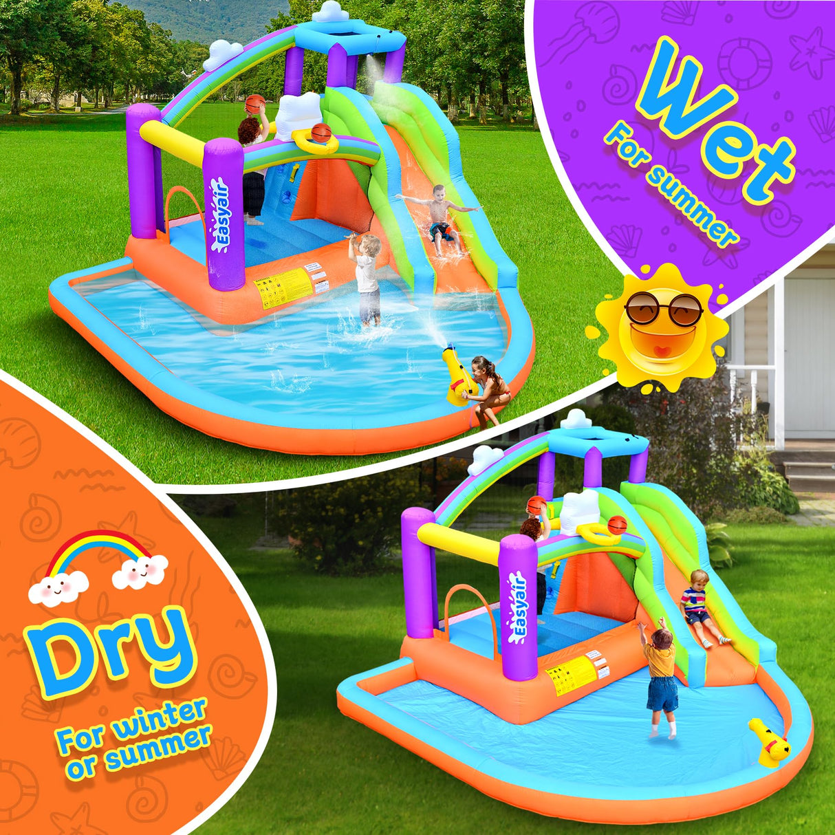 Easyair Inflatable Bounce House Water Slide for Kids, Rainbow Cloud Splash Pool, Indoor Or Outdoor Bouncy Castle, Climbing Wall, 2 Basketball Hoops, Jumper Included 470W Blower Easyair