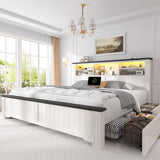 EnHomee King Bed Frame with Headboard and Storage, 4 Drawers & LED & USB King Bed Frame with Storage Farmhouse King Size Bed Frame Built in Charging Station,NO Noise,No Box Spring Needed,White EnHomee
