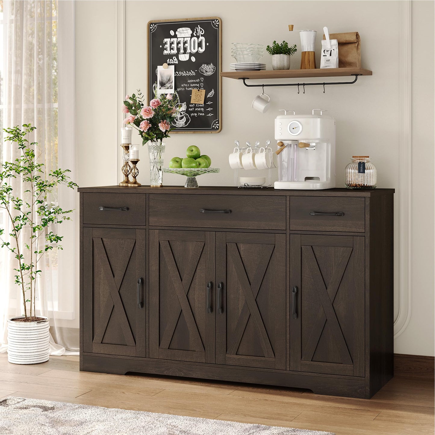 HOSTACK Buffet Cabinet with Drawers, 55" Large Sideboard Buffet Storage Cabinet with Shelves & 4 Doors, Modern Farmhouse Coffee Bar Cabinet Wood Buffet Table for Kitchen, Dining Room, Dark Br - WoodArtSupply